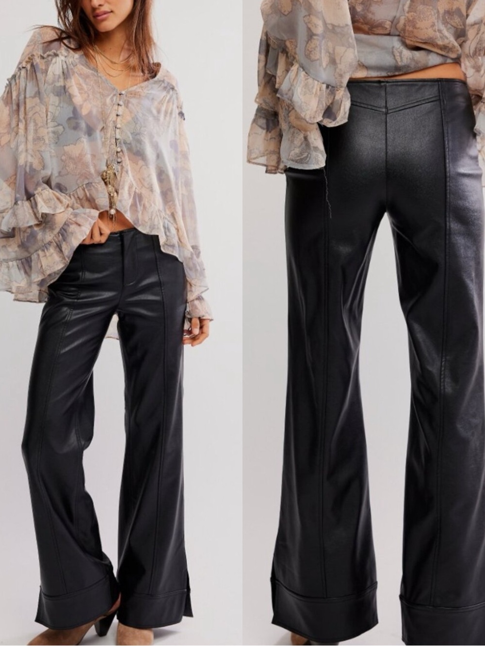 FREE PEOPLE We The Free Glow Up Black Faux Leather Wide Leg Slit Pants